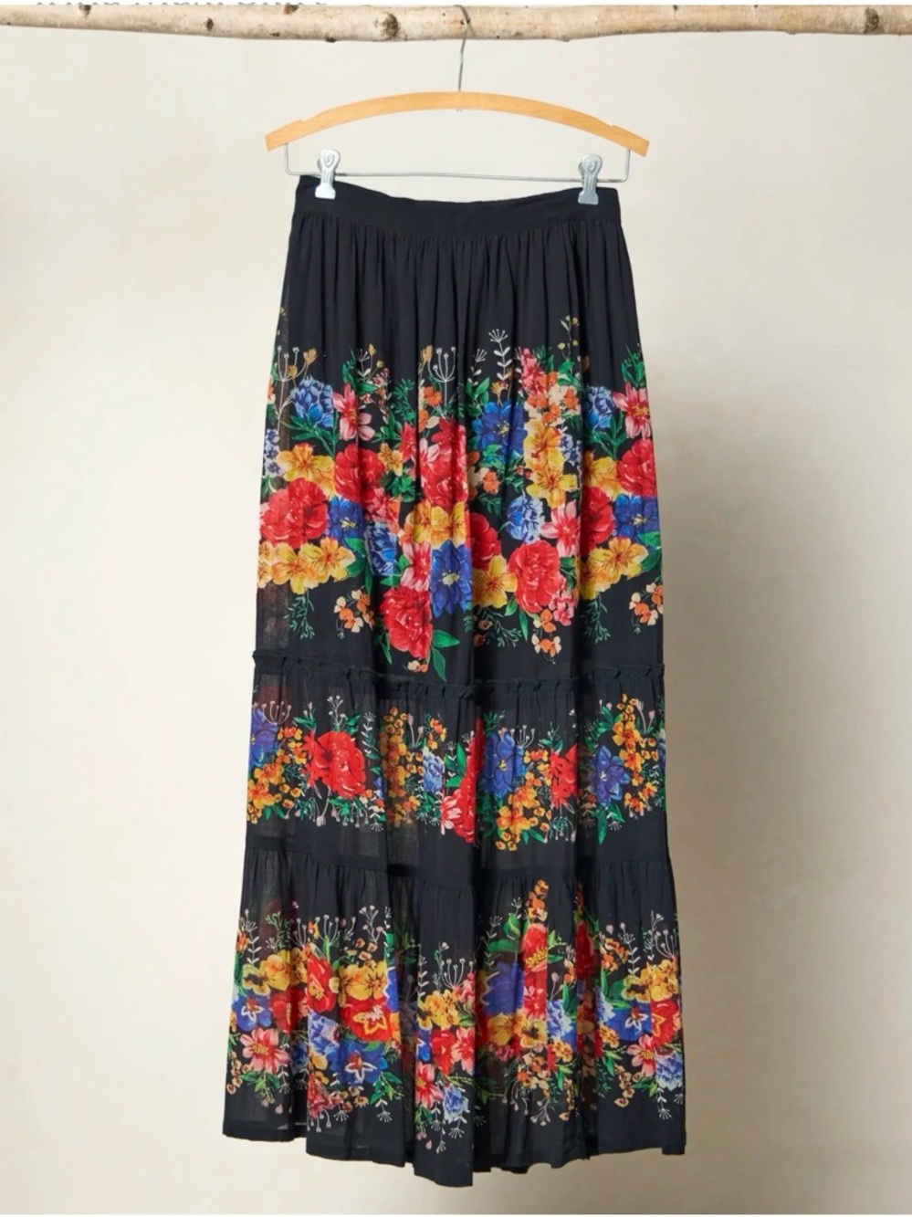 Natural life Black Floral Tiered Maxi Skirt - Vibrant Multicolor Print